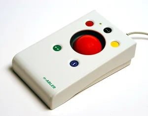 The Pretorian n-abler computer mouse - A white rectangle mouse with a large red track-ball in the middle and various coloured buttons around it.